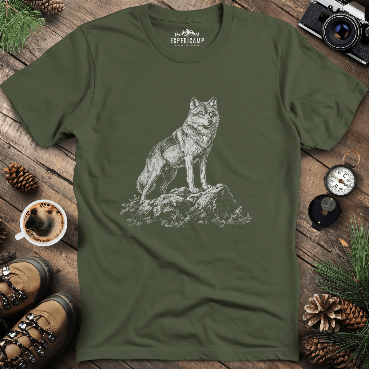 Lone Wolf T-Shirt – Military Green – Outdoor apparel for travel, hiking, camping, and nature lovers – ExpediCamp