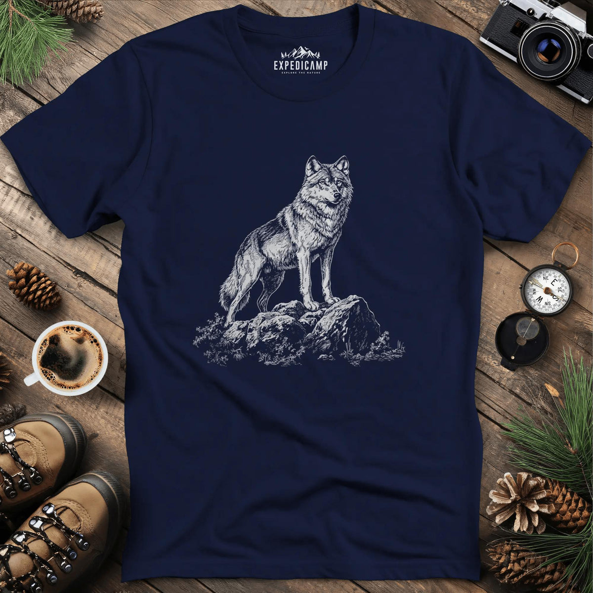 Lone Wolf T-Shirt – Navy – Outdoor apparel for travel, hiking, camping, and nature lovers – ExpediCamp