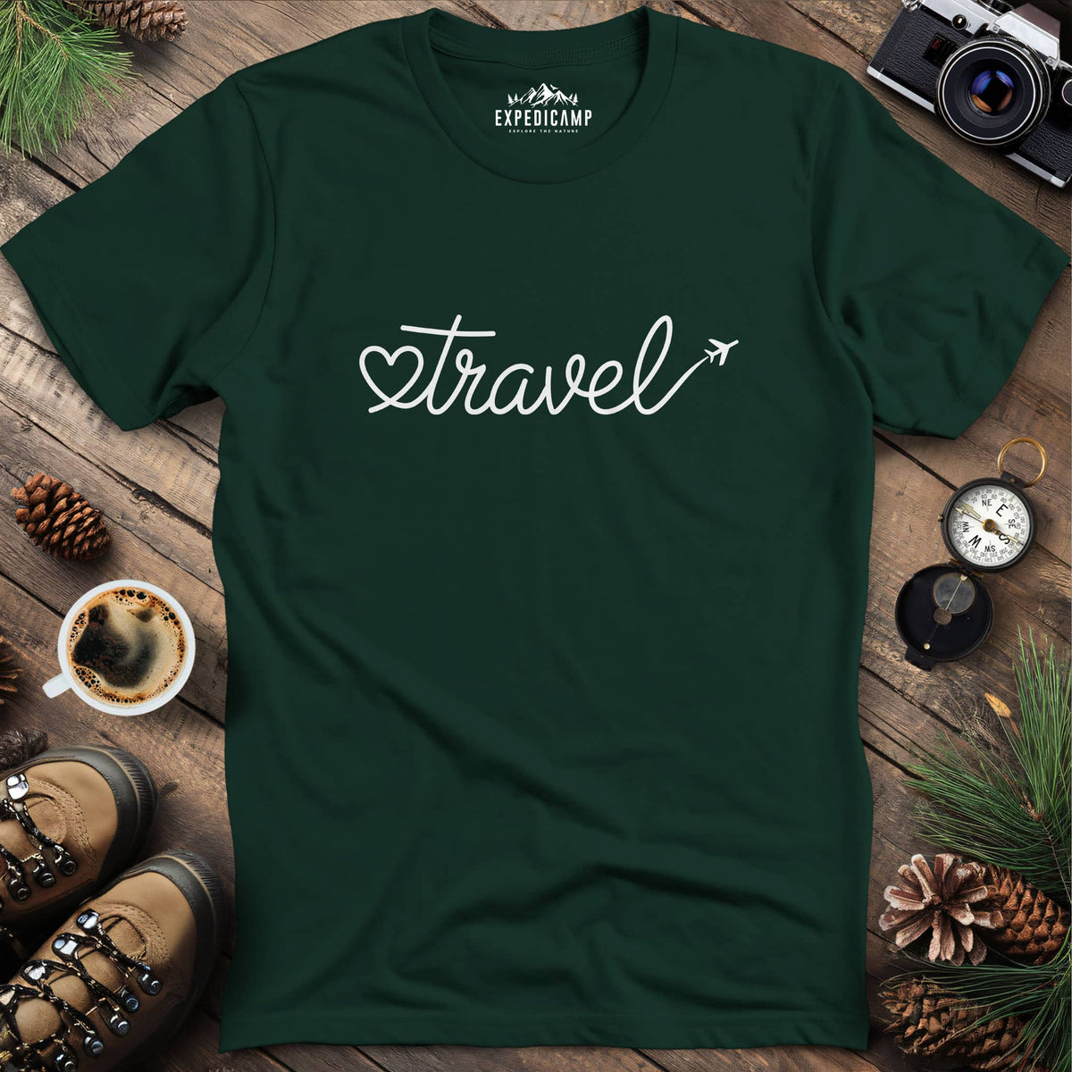 Love to Travel T-Shirt – Forest Green – Outdoor apparel for travel, hiking, camping, and nature lovers – ExpediCamp