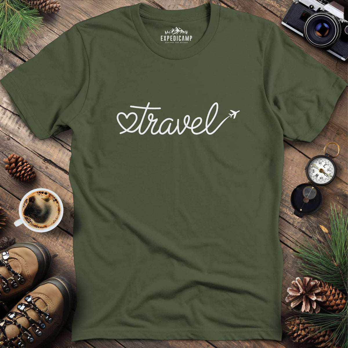 Love to Travel T-Shirt – Military Green – Outdoor apparel for travel, hiking, camping, and nature lovers – ExpediCamp
