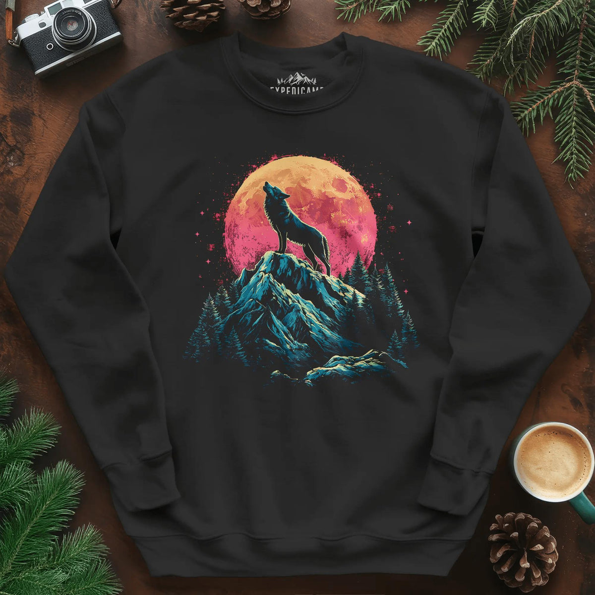 Lunar Howl Wolf Sweatshirt – Black – Outdoor apparel for travel, hiking, camping, and nature lovers – ExpediCamp