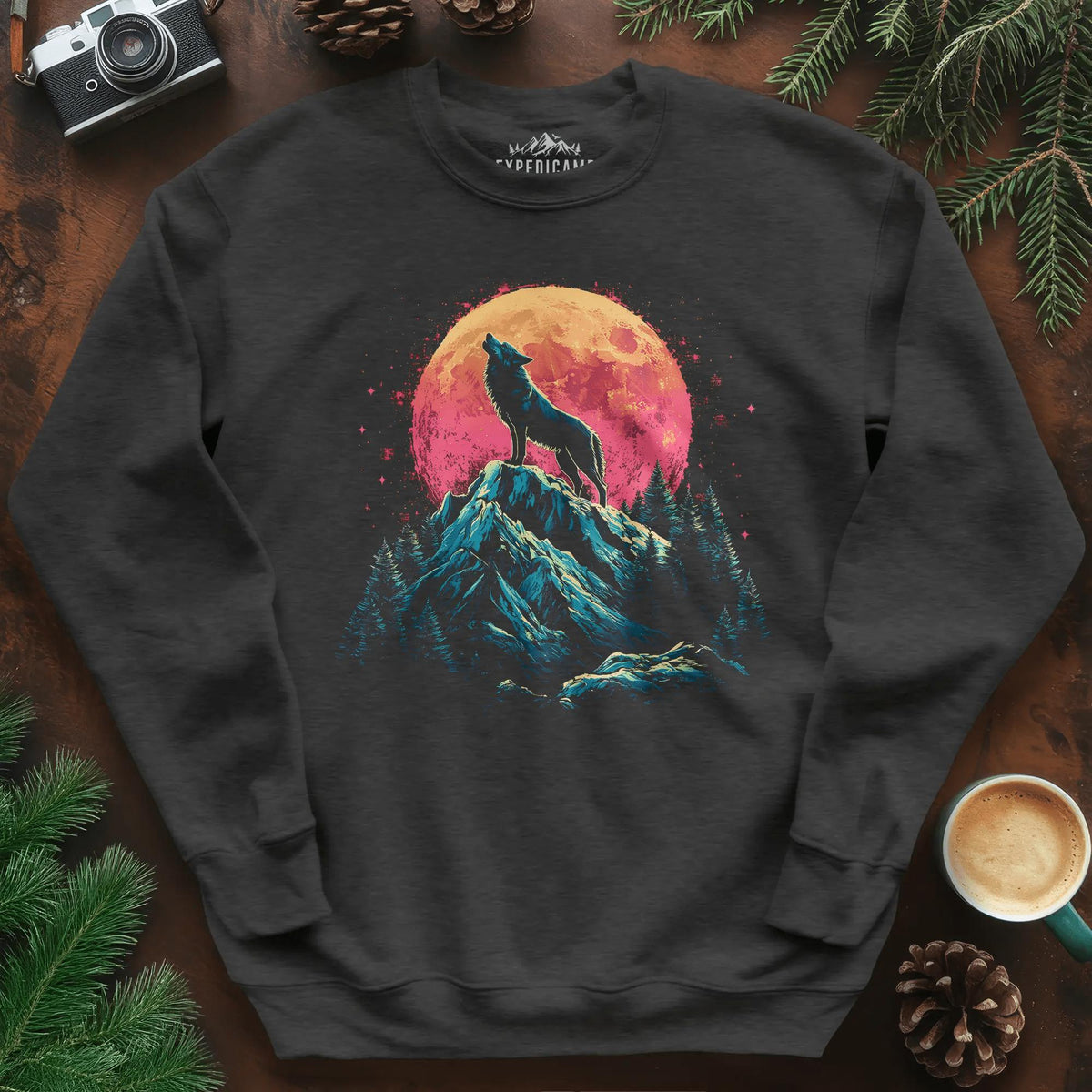 Lunar Howl Wolf Sweatshirt – Dark Heather – Outdoor apparel for travel, hiking, camping, and nature lovers – ExpediCamp