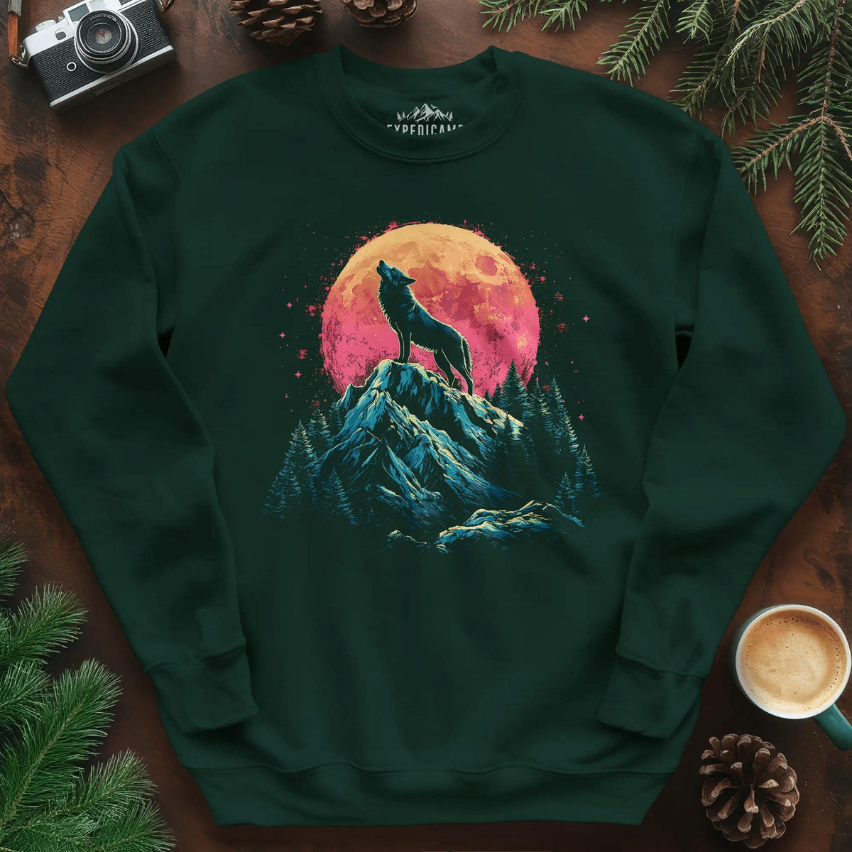 Lunar Howl Wolf Sweatshirt – Forest Green – Outdoor apparel for travel, hiking, camping, and nature lovers – ExpediCamp
