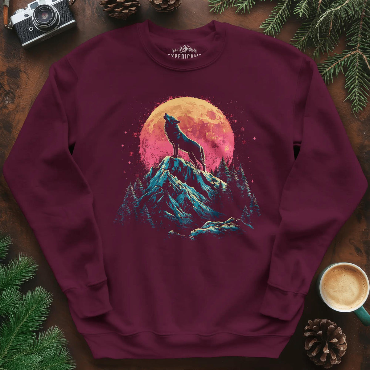 Lunar Howl Wolf Sweatshirt – Maroon – Outdoor apparel for travel, hiking, camping, and nature lovers – ExpediCamp