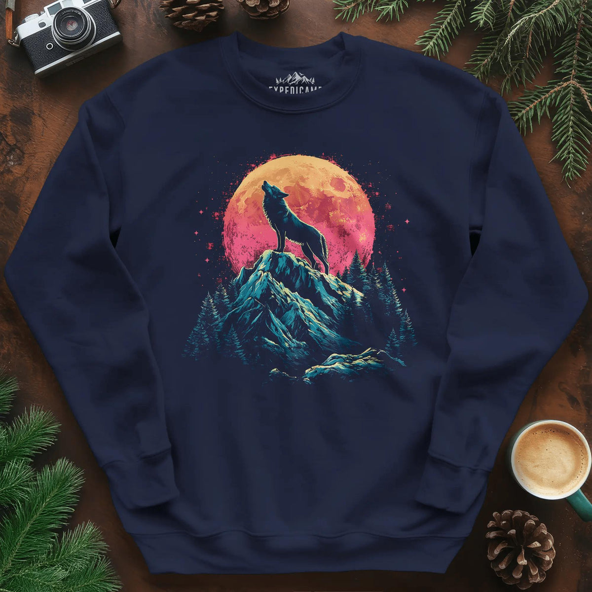 Lunar Howl Wolf Sweatshirt – Navy – Outdoor apparel for travel, hiking, camping, and nature lovers – ExpediCamp