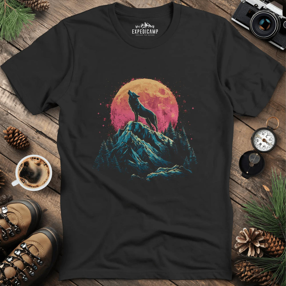 Lunar Howl Wolf T-Shirt – Black – Outdoor apparel for travel, hiking, camping, and nature lovers – ExpediCamp
