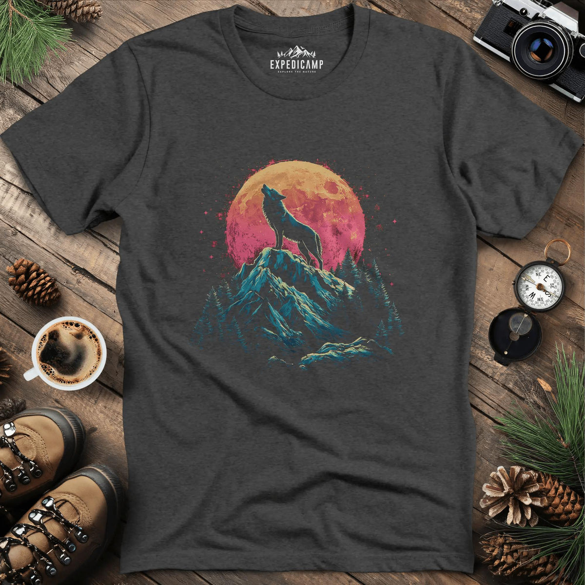 Lunar Howl Wolf T-Shirt – Dark Heather – Outdoor apparel for travel, hiking, camping, and nature lovers – ExpediCamp