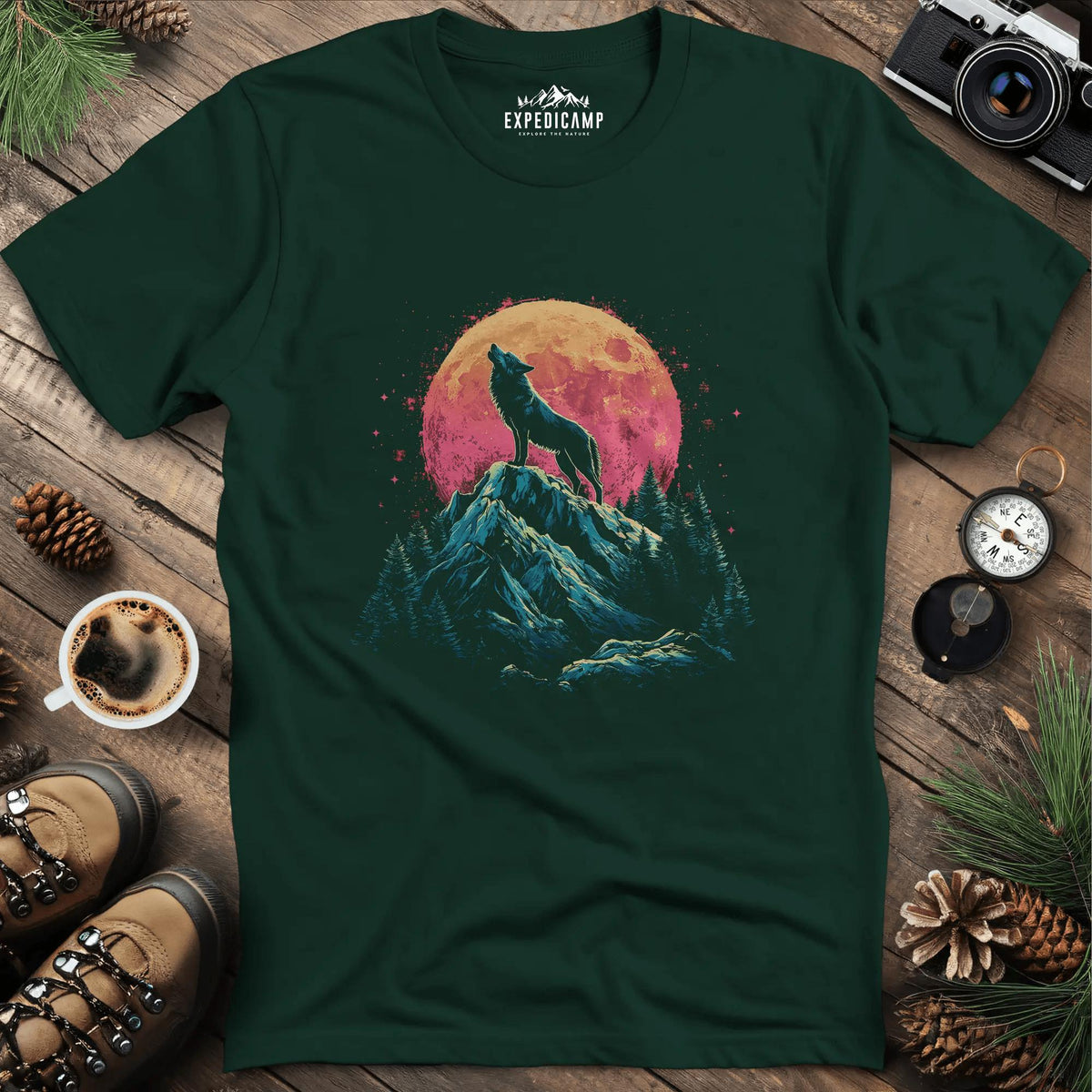 Lunar Howl Wolf T-Shirt – Forest Green – Outdoor apparel for travel, hiking, camping, and nature lovers – ExpediCamp