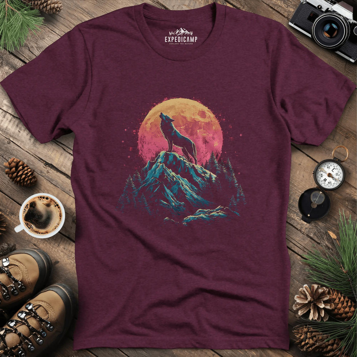 Lunar Howl Wolf T-Shirt – Heather Maroon – Outdoor apparel for travel, hiking, camping, and nature lovers – ExpediCamp