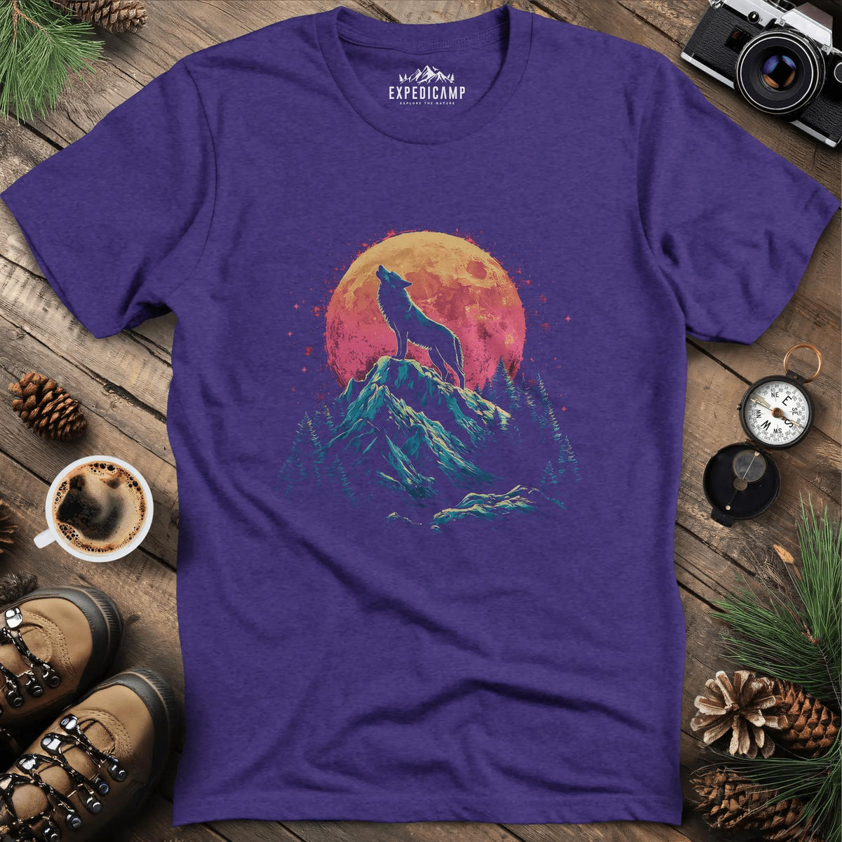 Lunar Howl Wolf T-Shirt – Heather Purple – Outdoor apparel for travel, hiking, camping, and nature lovers – ExpediCamp