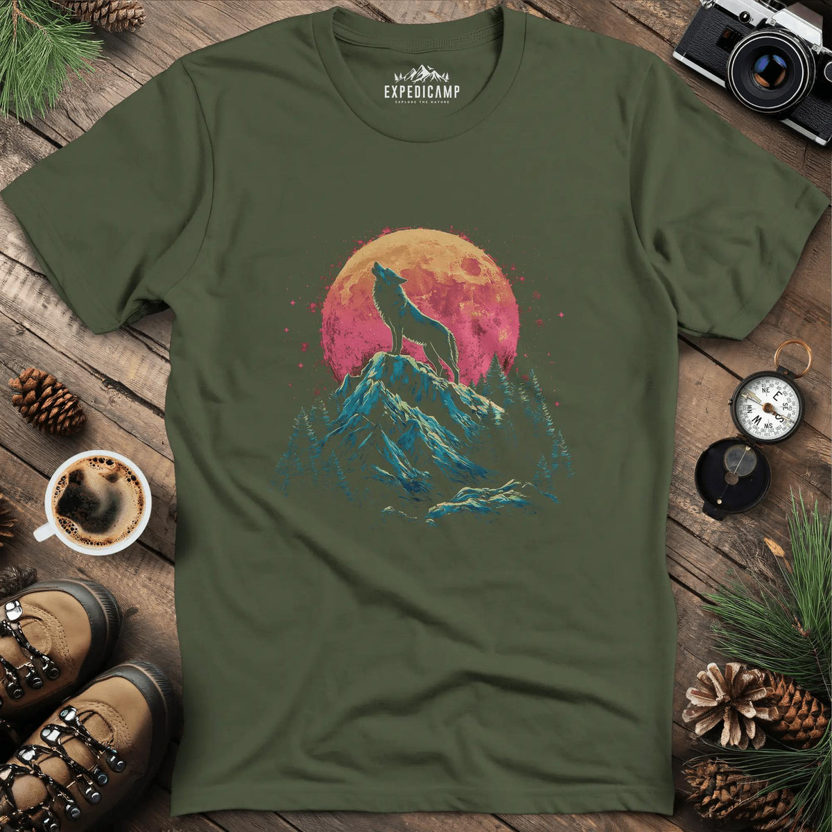 Lunar Howl Wolf T-Shirt – Military Green – Outdoor apparel for travel, hiking, camping, and nature lovers – ExpediCamp