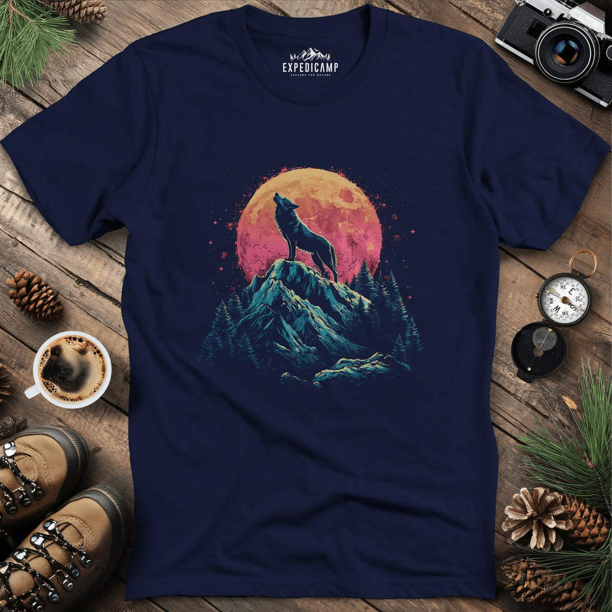 Lunar Howl Wolf T-Shirt – Navy – Outdoor apparel for travel, hiking, camping, and nature lovers – ExpediCamp