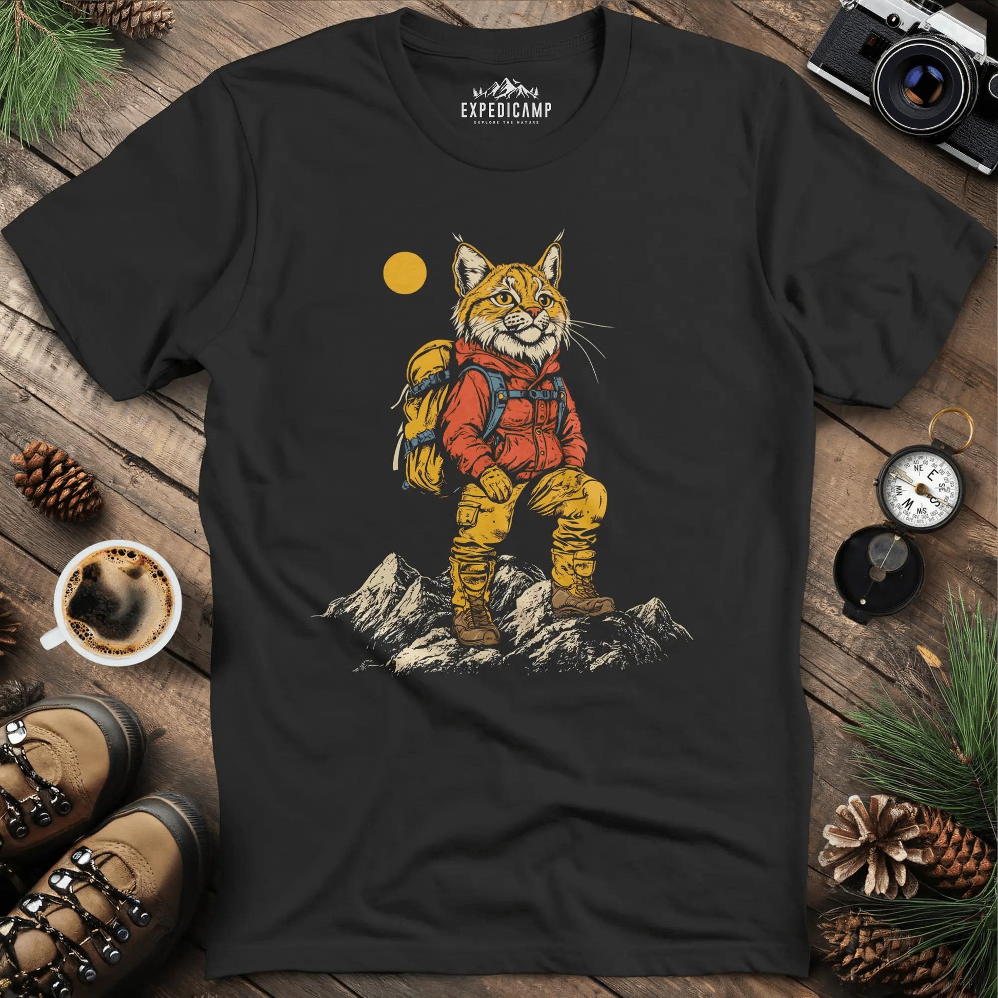 Lynx Hiker T-Shirt – Fierce and Free – Black – Outdoor apparel for travel, hiking, camping, and nature lovers – ExpediCamp