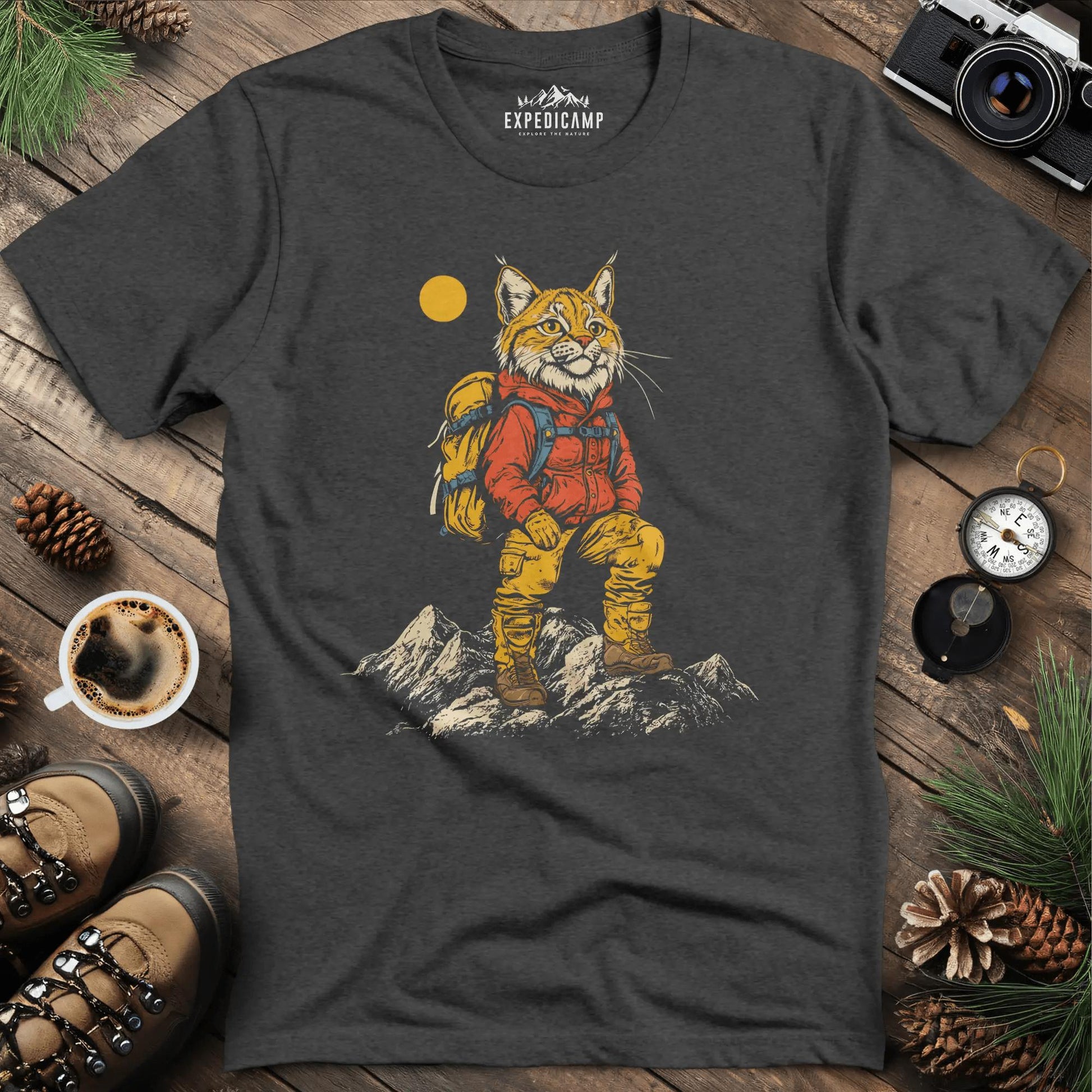Lynx Hiker T-Shirt – Fierce and Free – Dark Heather – Outdoor apparel for travel, hiking, camping, and nature lovers – ExpediCamp