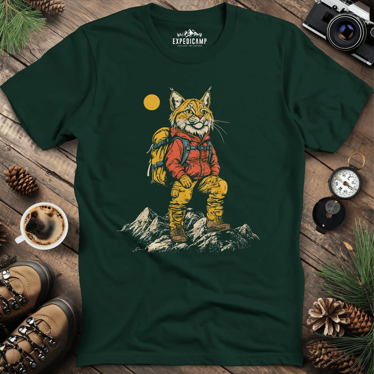 Lynx Hiker T-Shirt – Fierce and Free – Forest Green – Outdoor apparel for travel, hiking, camping, and nature lovers – ExpediCamp