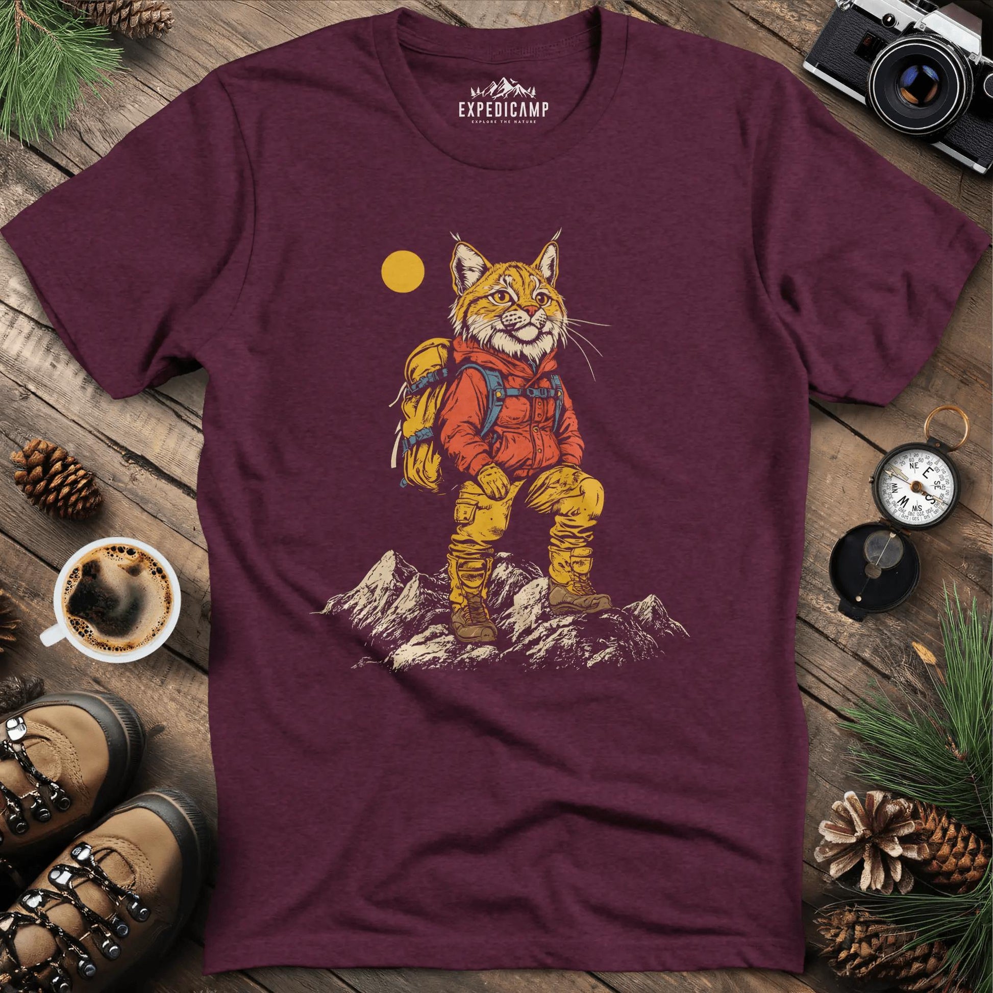Lynx Hiker T-Shirt – Fierce and Free – Heather Maroon – Outdoor apparel for travel, hiking, camping, and nature lovers – ExpediCamp