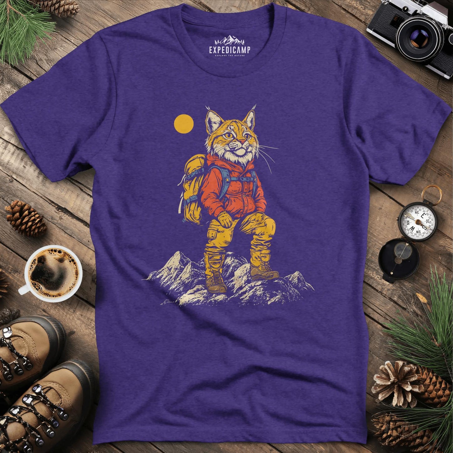 Lynx Hiker T-Shirt – Fierce and Free – Heather Purple – Outdoor apparel for travel, hiking, camping, and nature lovers – ExpediCamp