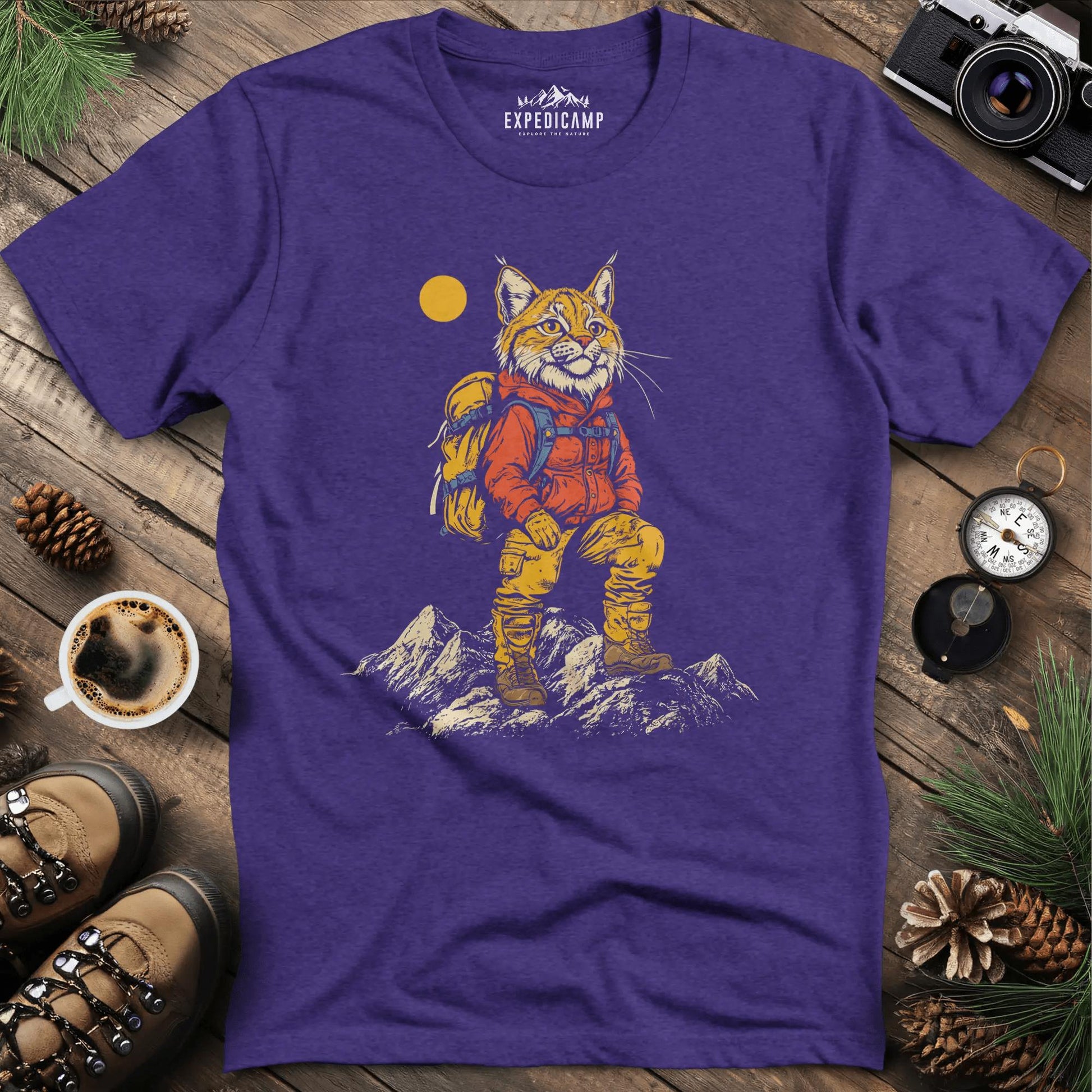 Lynx Hiker T-Shirt – Fierce and Free – Heather Purple – Outdoor apparel for travel, hiking, camping, and nature lovers – ExpediCamp