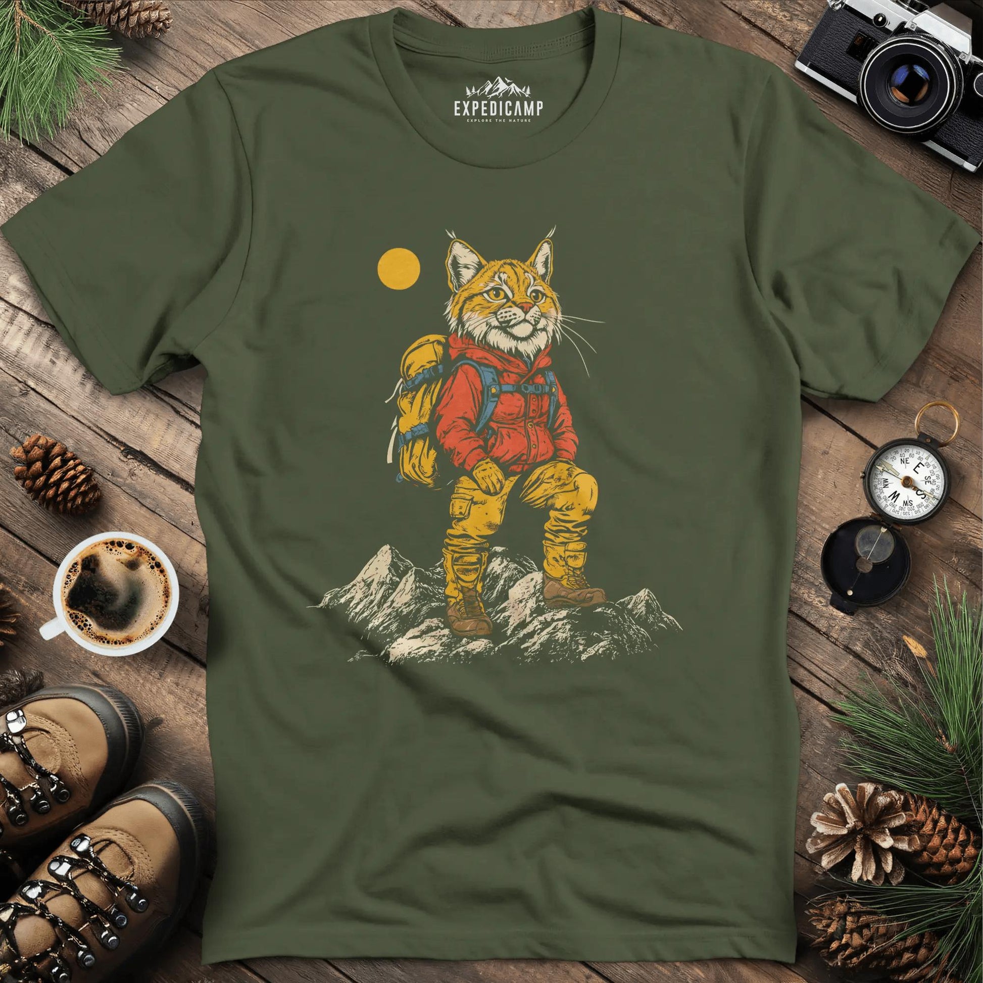Lynx Hiker T-Shirt – Fierce and Free – Military Green – Outdoor apparel for travel, hiking, camping, and nature lovers – ExpediCamp