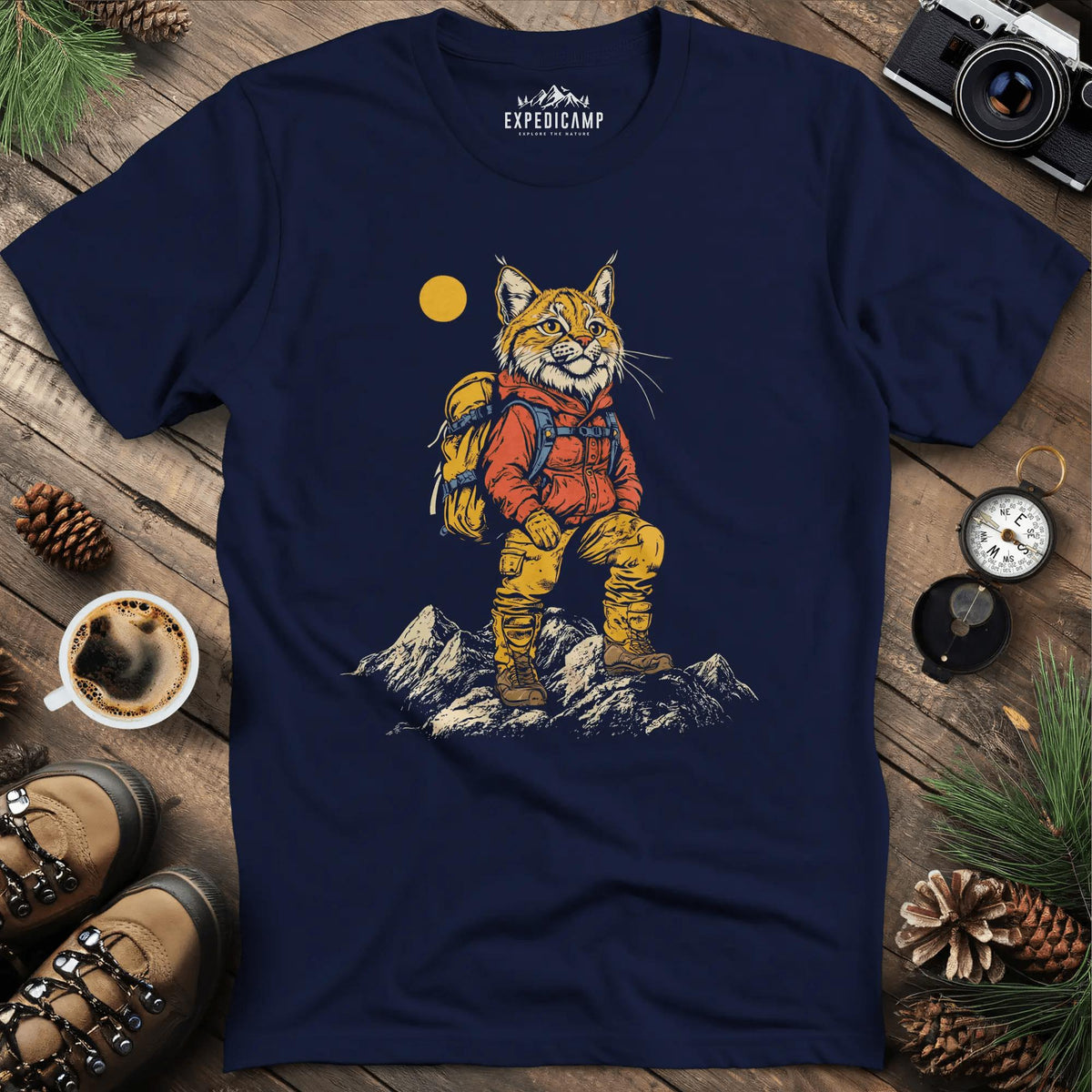Lynx Hiker T-Shirt – Fierce and Free – Navy – Outdoor apparel for travel, hiking, camping, and nature lovers – ExpediCamp