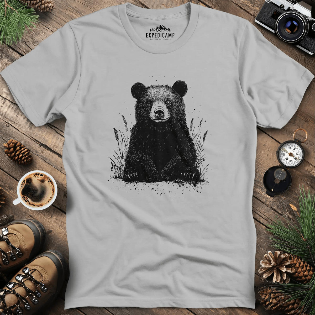Majestic Bear in Nature T-Shirt – Ice Grey – Outdoor apparel for travel, hiking, camping, and nature lovers – ExpediCamp