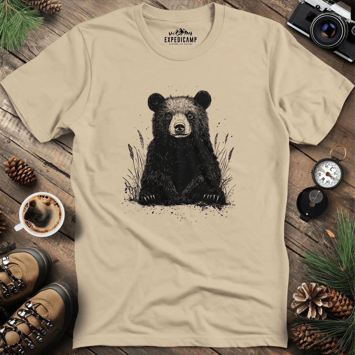 Majestic Bear in Nature T-Shirt – Sand – Outdoor apparel for travel, hiking, camping, and nature lovers – ExpediCamp