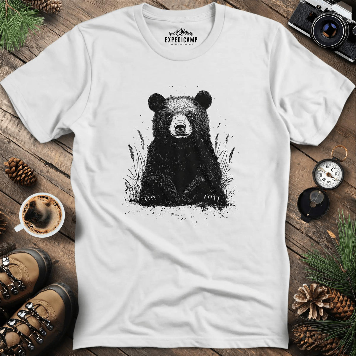 Majestic Bear in Nature T-Shirt – White – Outdoor apparel for travel, hiking, camping, and nature lovers – ExpediCamp
