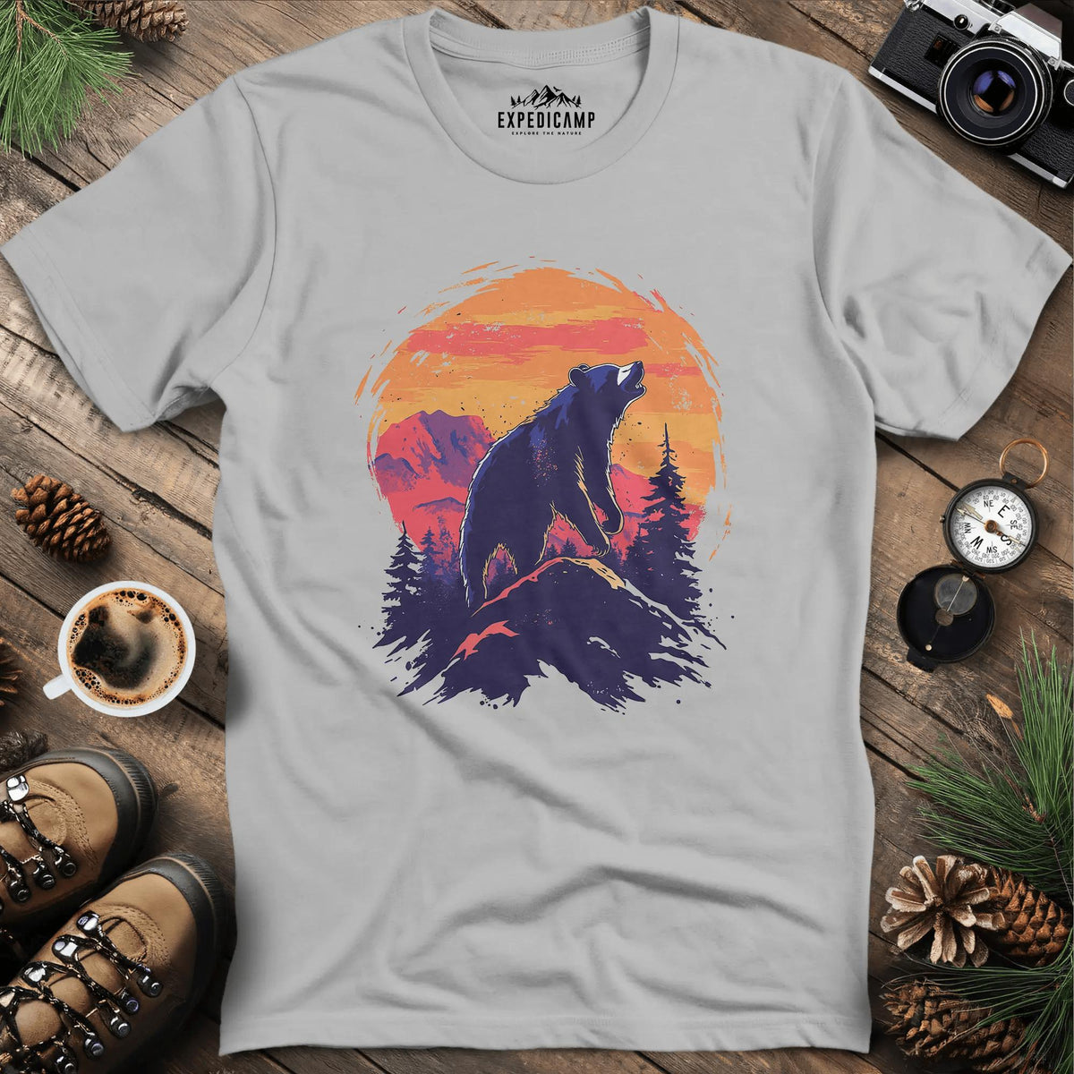 Majestic Bear Sunset T-Shirt – Ice Grey – Outdoor apparel for travel, hiking, camping, and nature lovers – ExpediCamp
