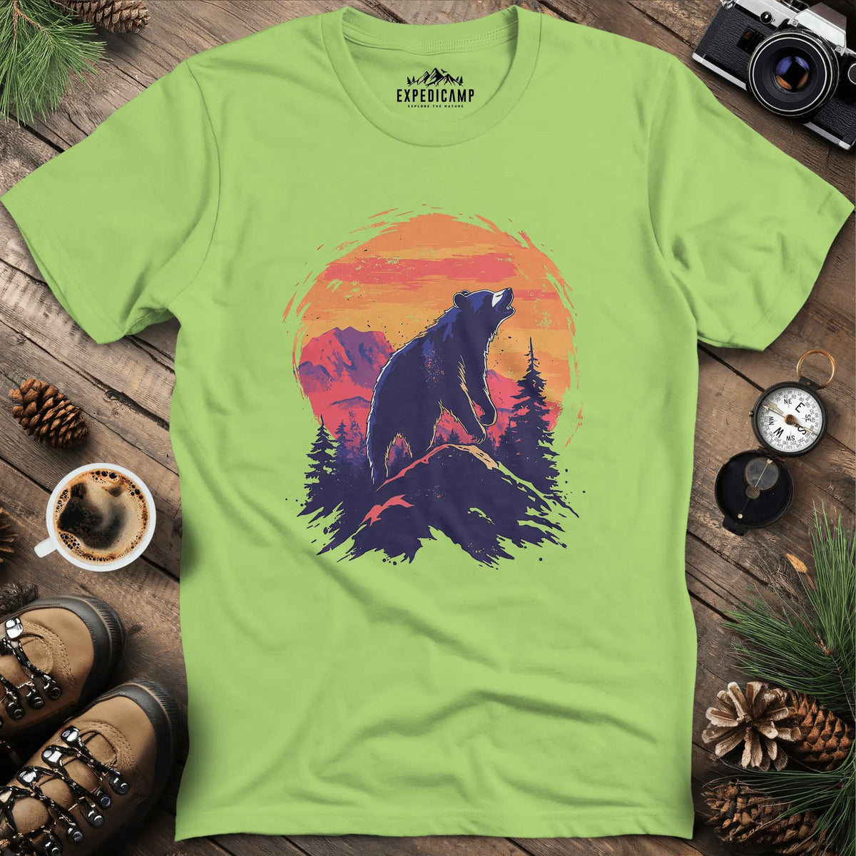 Majestic Bear Sunset T-Shirt – Kiwi – Outdoor apparel for travel, hiking, camping, and nature lovers – ExpediCamp