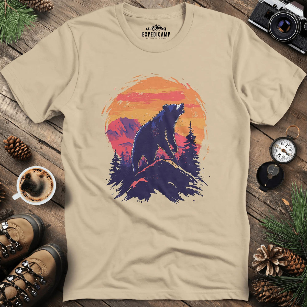 Majestic Bear Sunset T-Shirt – Sand – Outdoor apparel for travel, hiking, camping, and nature lovers – ExpediCamp