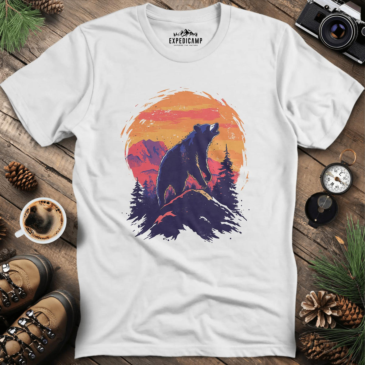 Majestic Bear Sunset T-Shirt – White – Outdoor apparel for travel, hiking, camping, and nature lovers – ExpediCamp