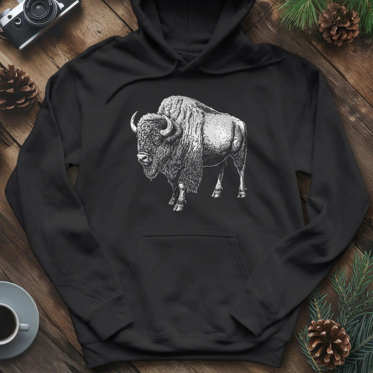 Majestic Bison Hoodie – Black – Outdoor apparel for travel, hiking, camping, and nature lovers – ExpediCamp