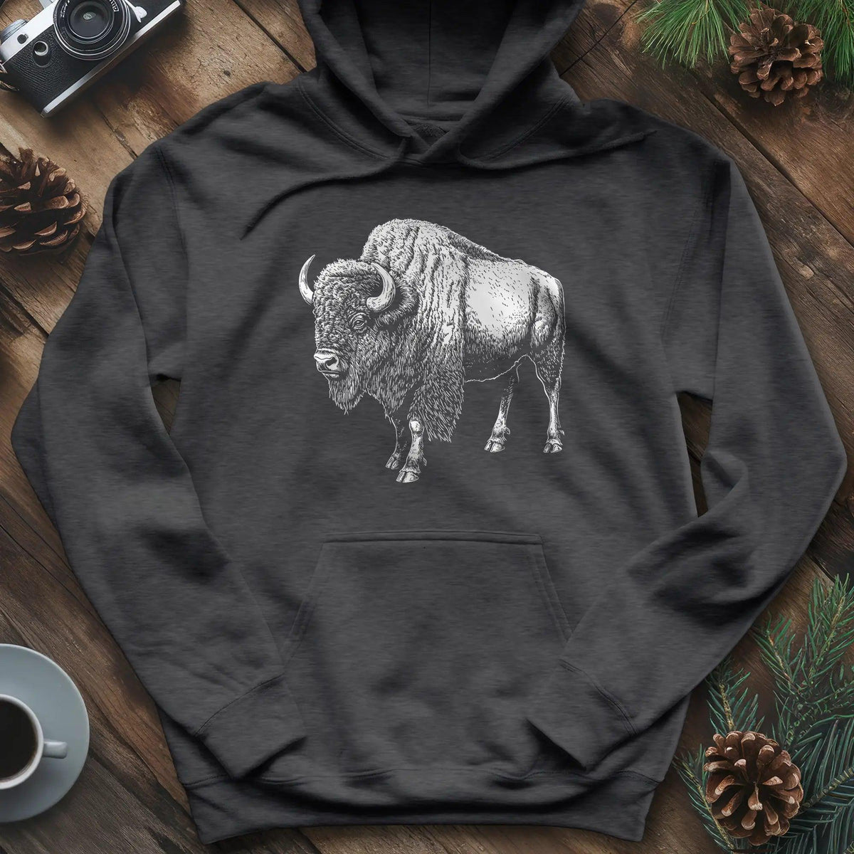 Majestic Bison Hoodie – Dark Heather – Outdoor apparel for travel, hiking, camping, and nature lovers – ExpediCamp