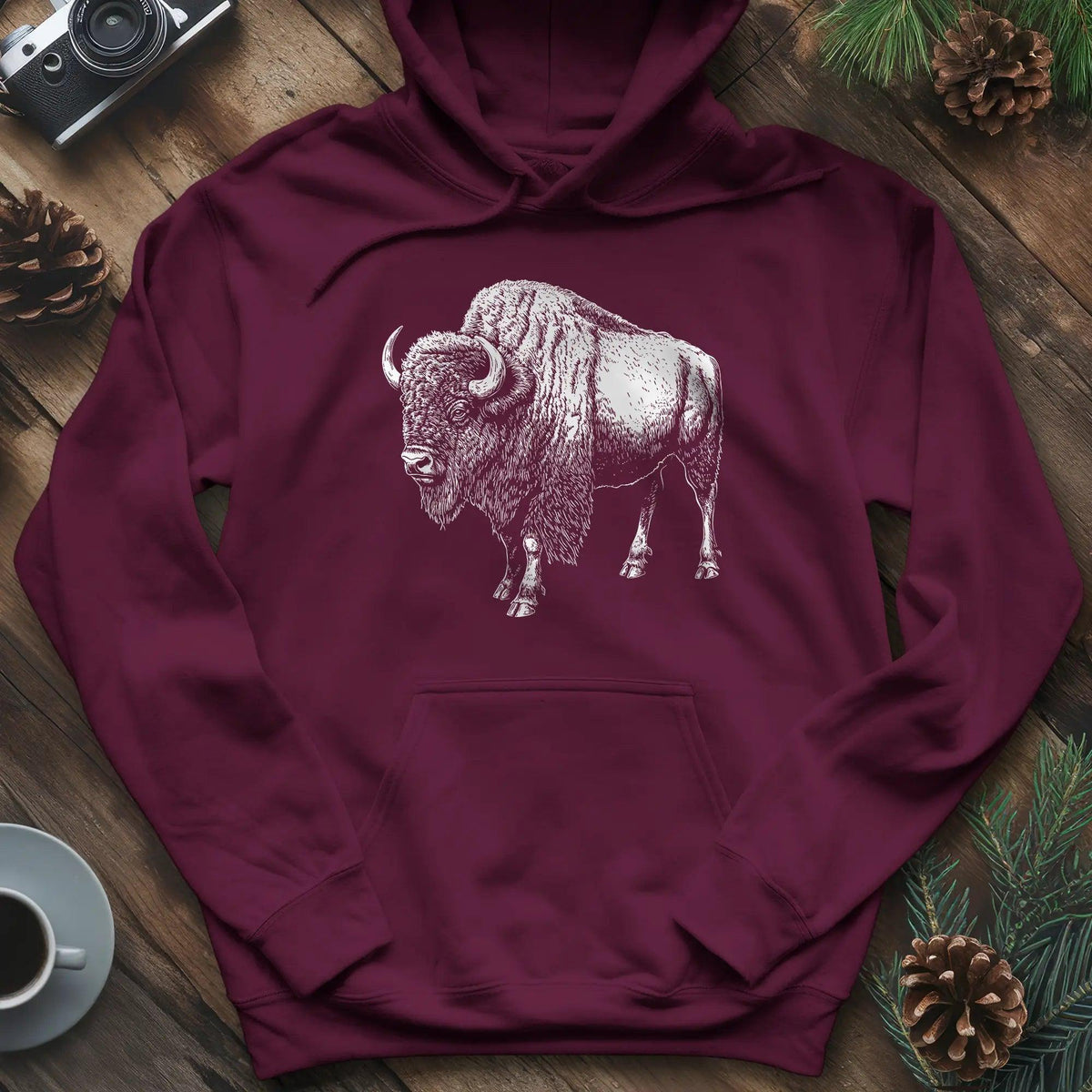 Majestic Bison Hoodie – Maroon – Outdoor apparel for travel, hiking, camping, and nature lovers – ExpediCamp