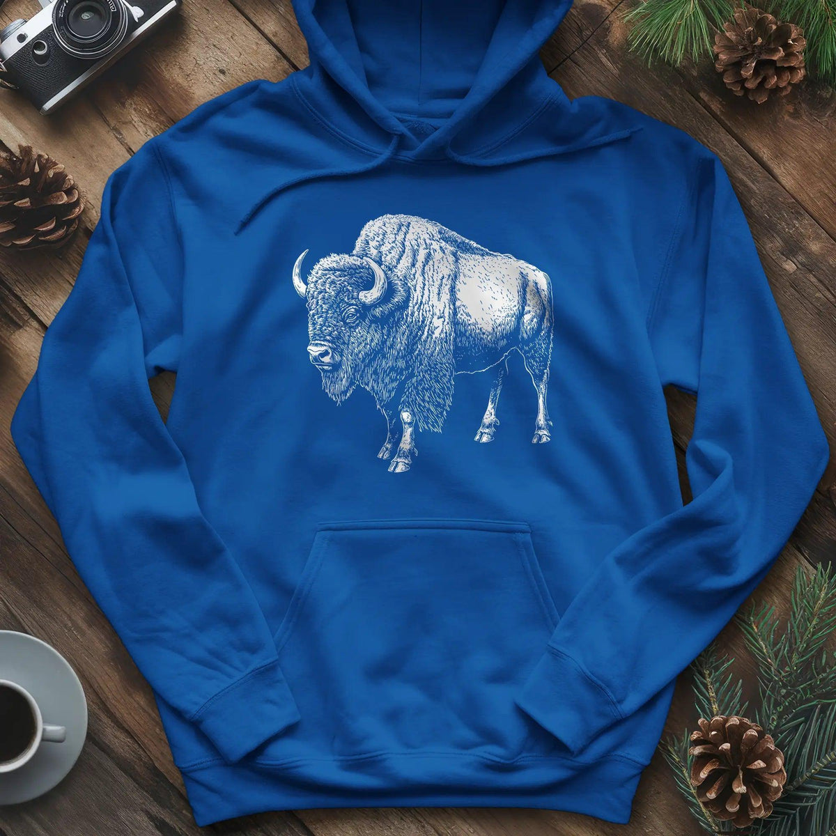 Majestic Bison Hoodie – Royal – Outdoor apparel for travel, hiking, camping, and nature lovers – ExpediCamp