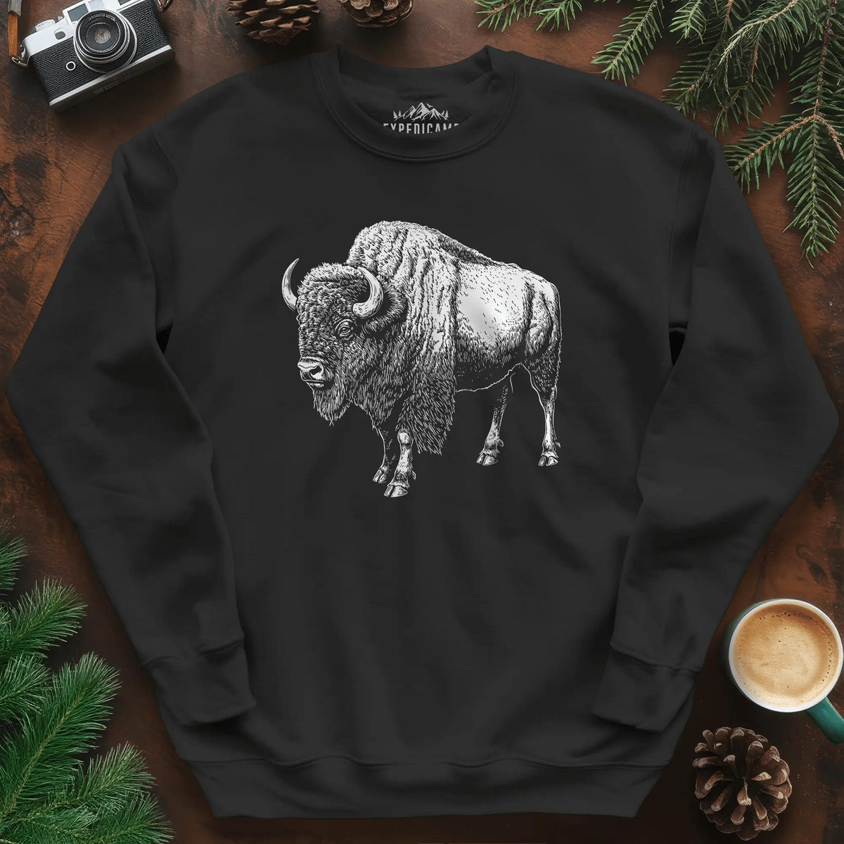 Majestic Bison Sweatshirt – Black – Outdoor apparel for travel, hiking, camping, and nature lovers – ExpediCamp