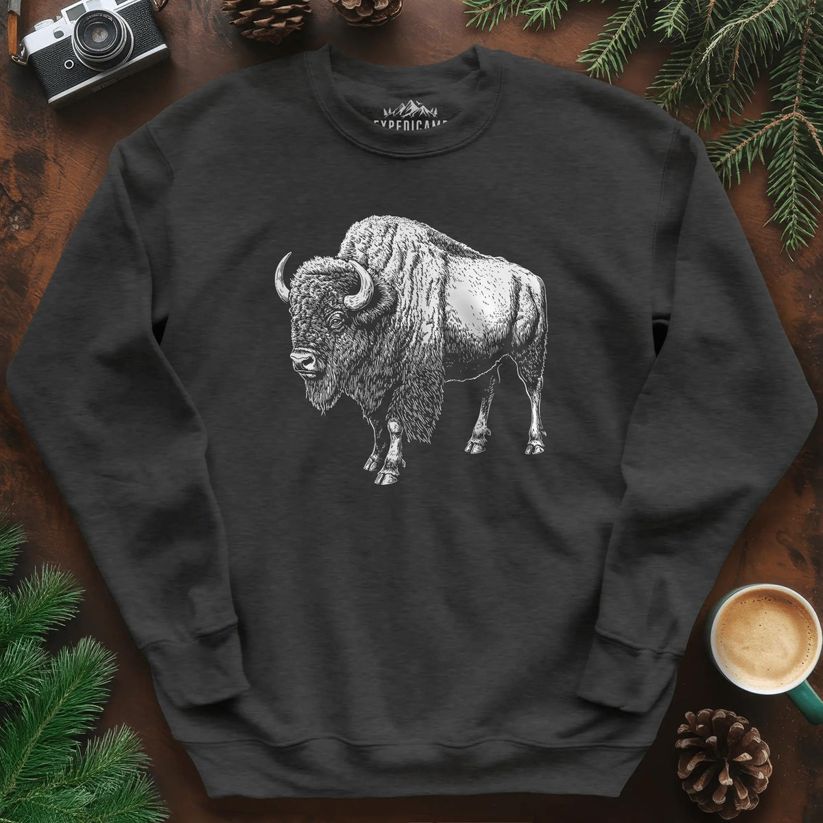 Majestic Bison Sweatshirt – Dark Heather – Outdoor apparel for travel, hiking, camping, and nature lovers – ExpediCamp