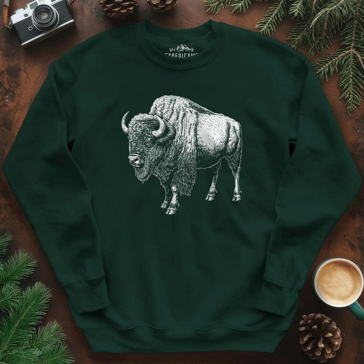 Majestic Bison Sweatshirt – Forest Green – Outdoor apparel for travel, hiking, camping, and nature lovers – ExpediCamp