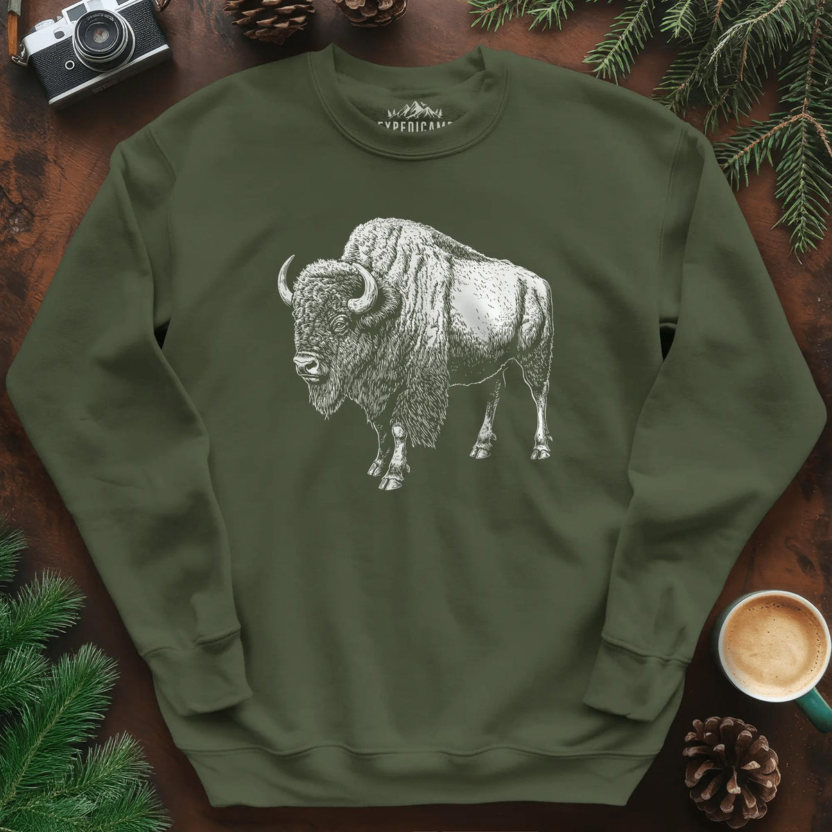Majestic Bison Sweatshirt – Military Green – Outdoor apparel for travel, hiking, camping, and nature lovers – ExpediCamp