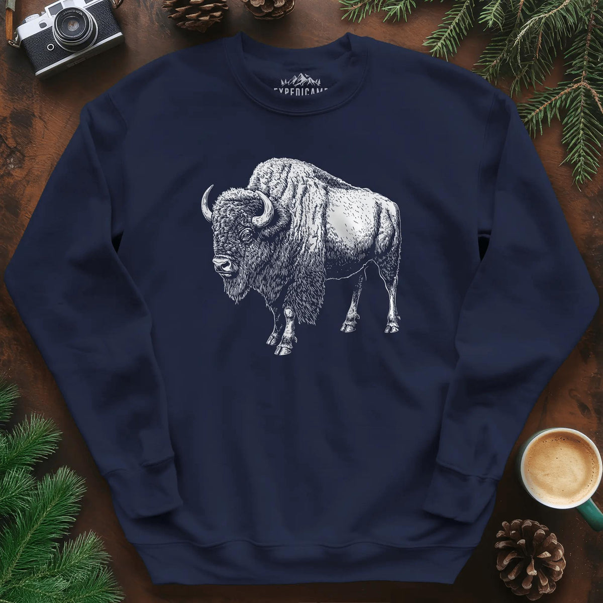 Majestic Bison Sweatshirt – Navy – Outdoor apparel for travel, hiking, camping, and nature lovers – ExpediCamp