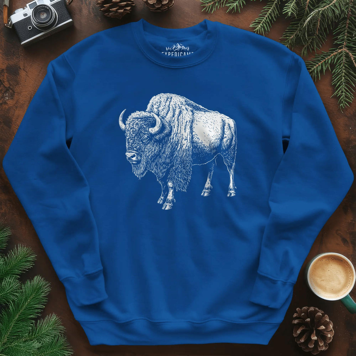 Majestic Bison Sweatshirt – Royal – Outdoor apparel for travel, hiking, camping, and nature lovers – ExpediCamp