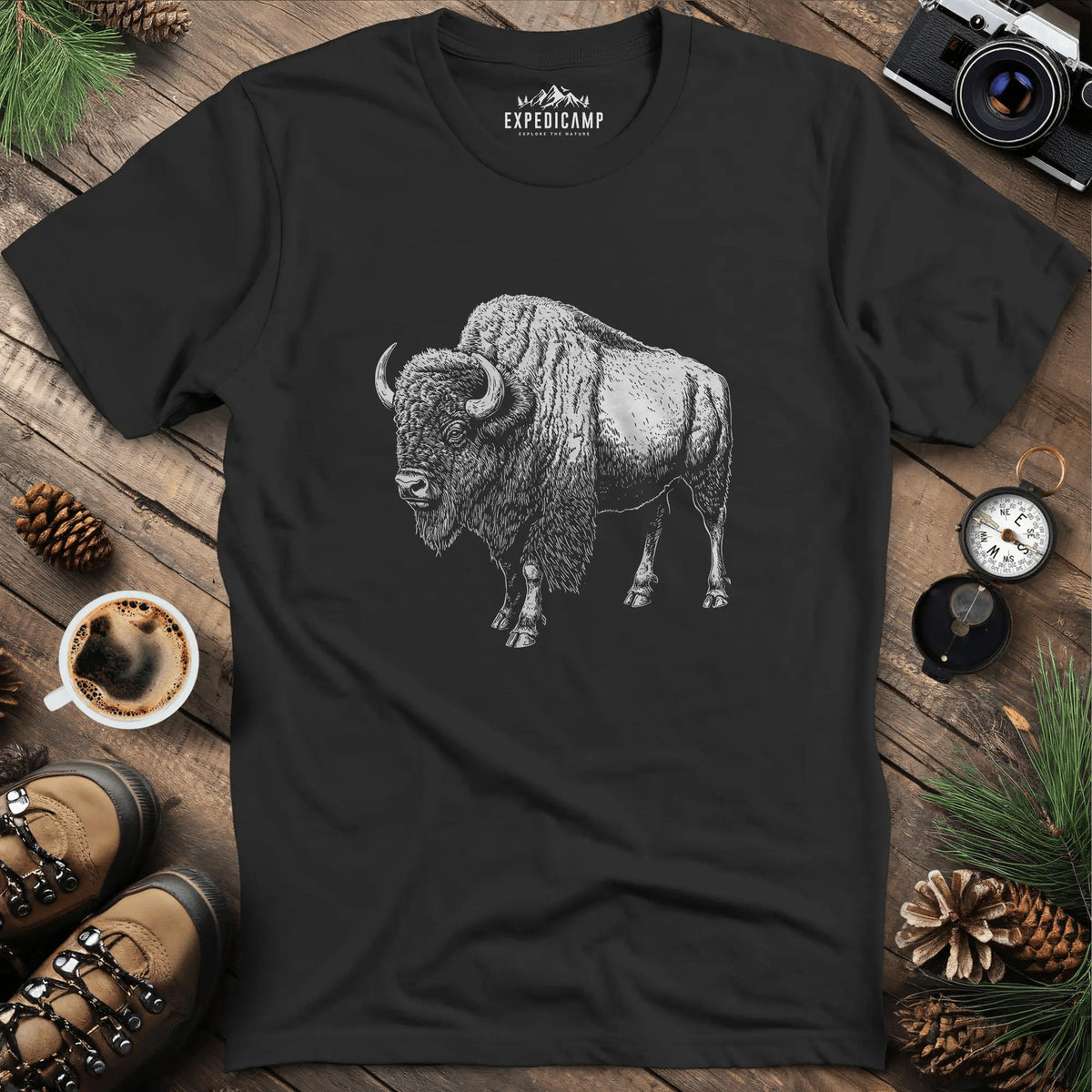 Majestic Bison T-Shirt – Black – Outdoor apparel for travel, hiking, camping, and nature lovers – ExpediCamp