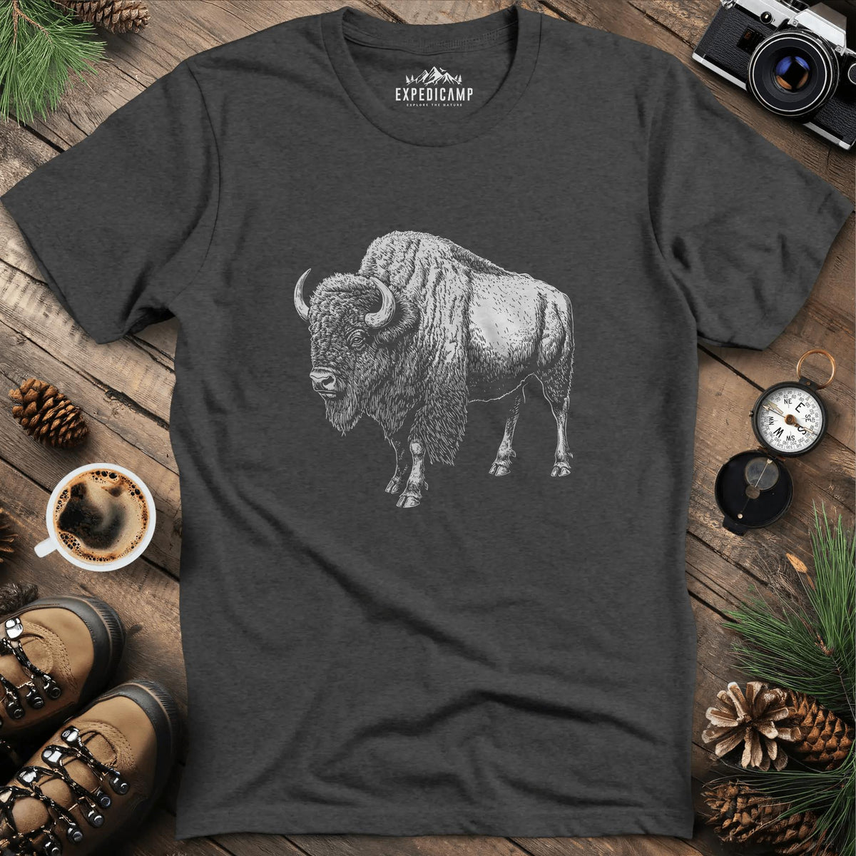 Majestic Bison T-Shirt – Dark Heather – Outdoor apparel for travel, hiking, camping, and nature lovers – ExpediCamp