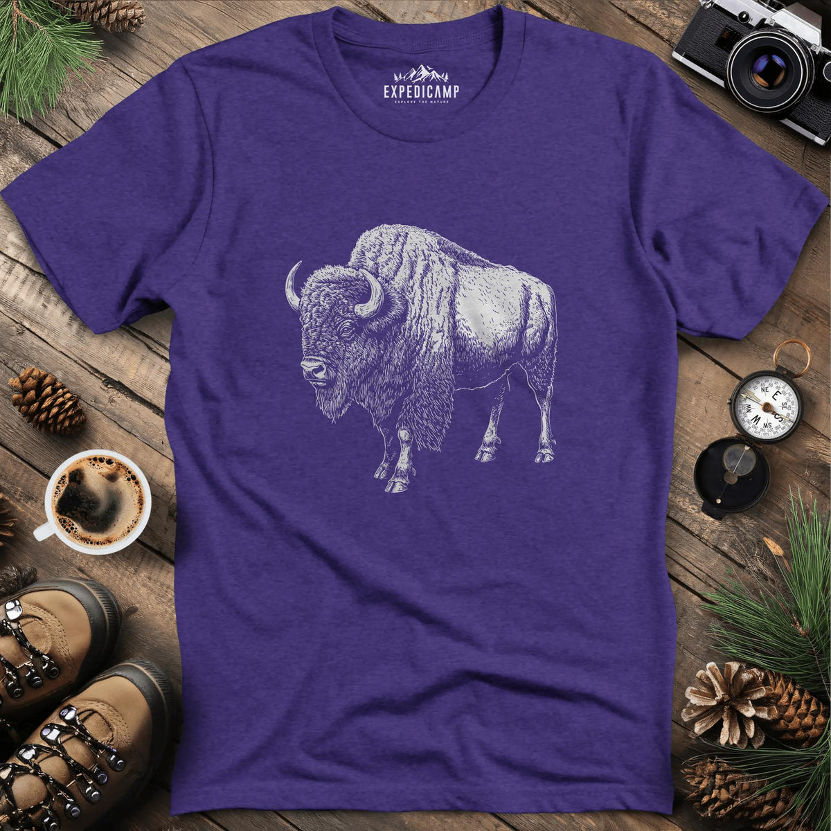 Majestic Bison T-Shirt – Heather Purple – Outdoor apparel for travel, hiking, camping, and nature lovers – ExpediCamp