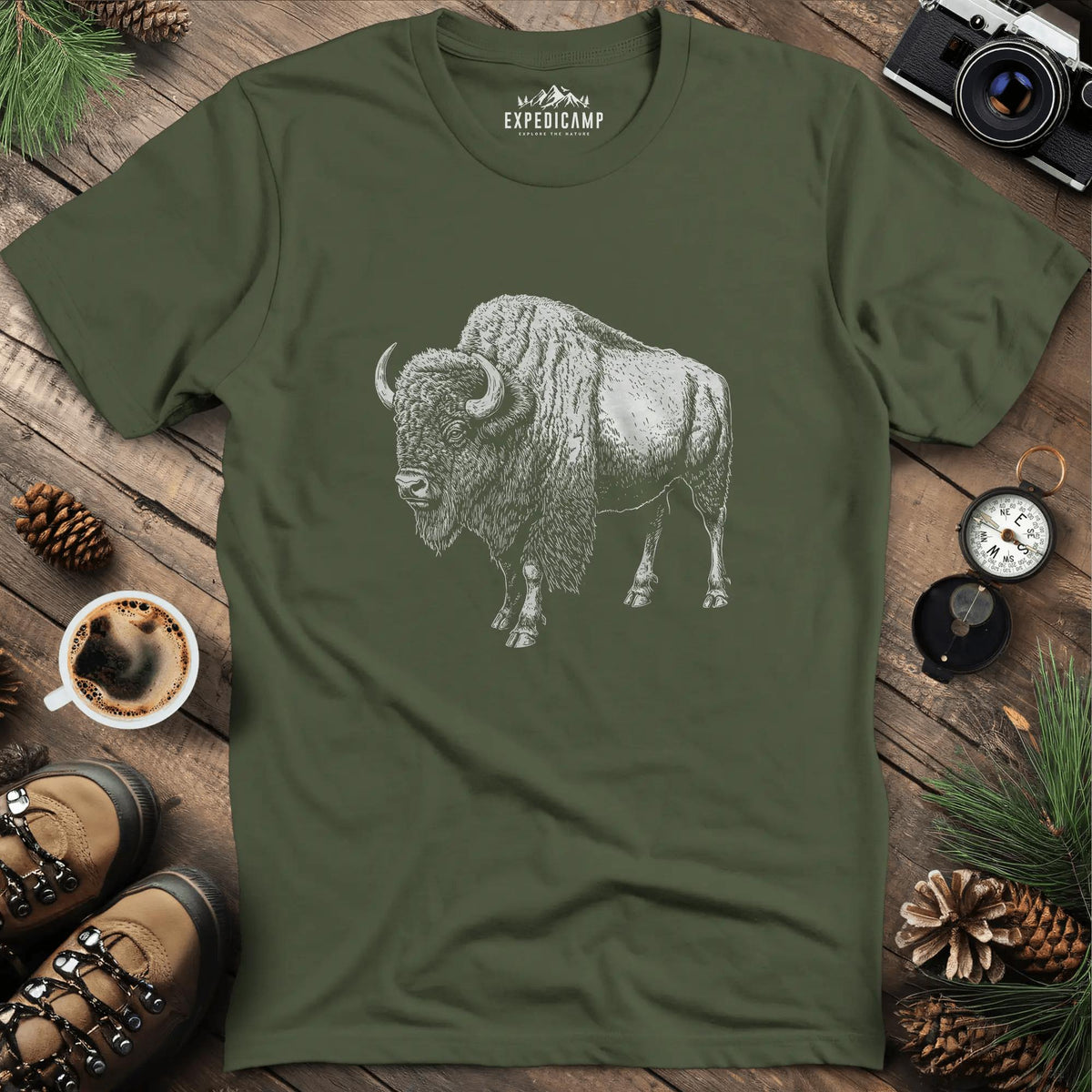 Majestic Bison T-Shirt – Military Green – Outdoor apparel for travel, hiking, camping, and nature lovers – ExpediCamp