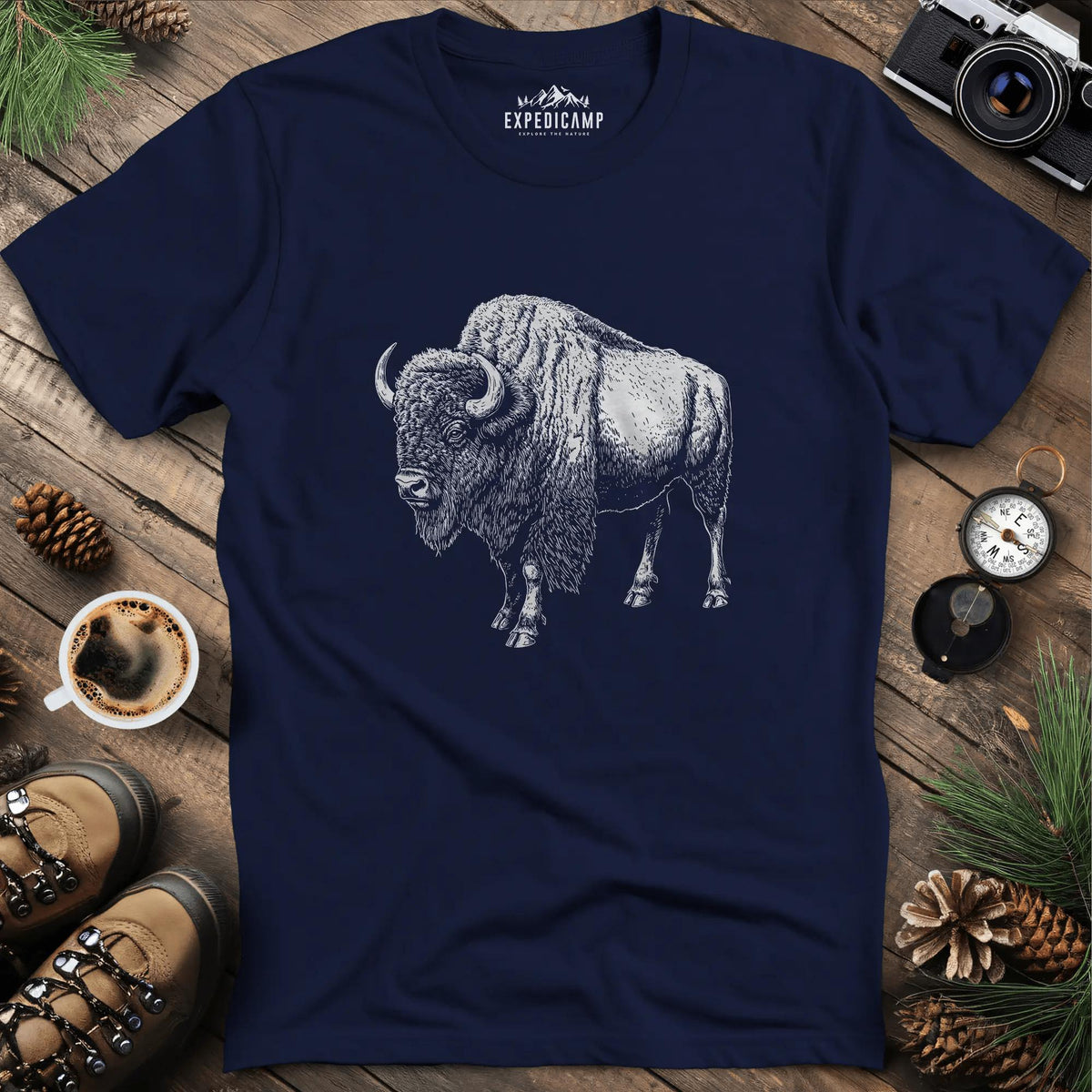 Majestic Bison T-Shirt – Navy – Outdoor apparel for travel, hiking, camping, and nature lovers – ExpediCamp