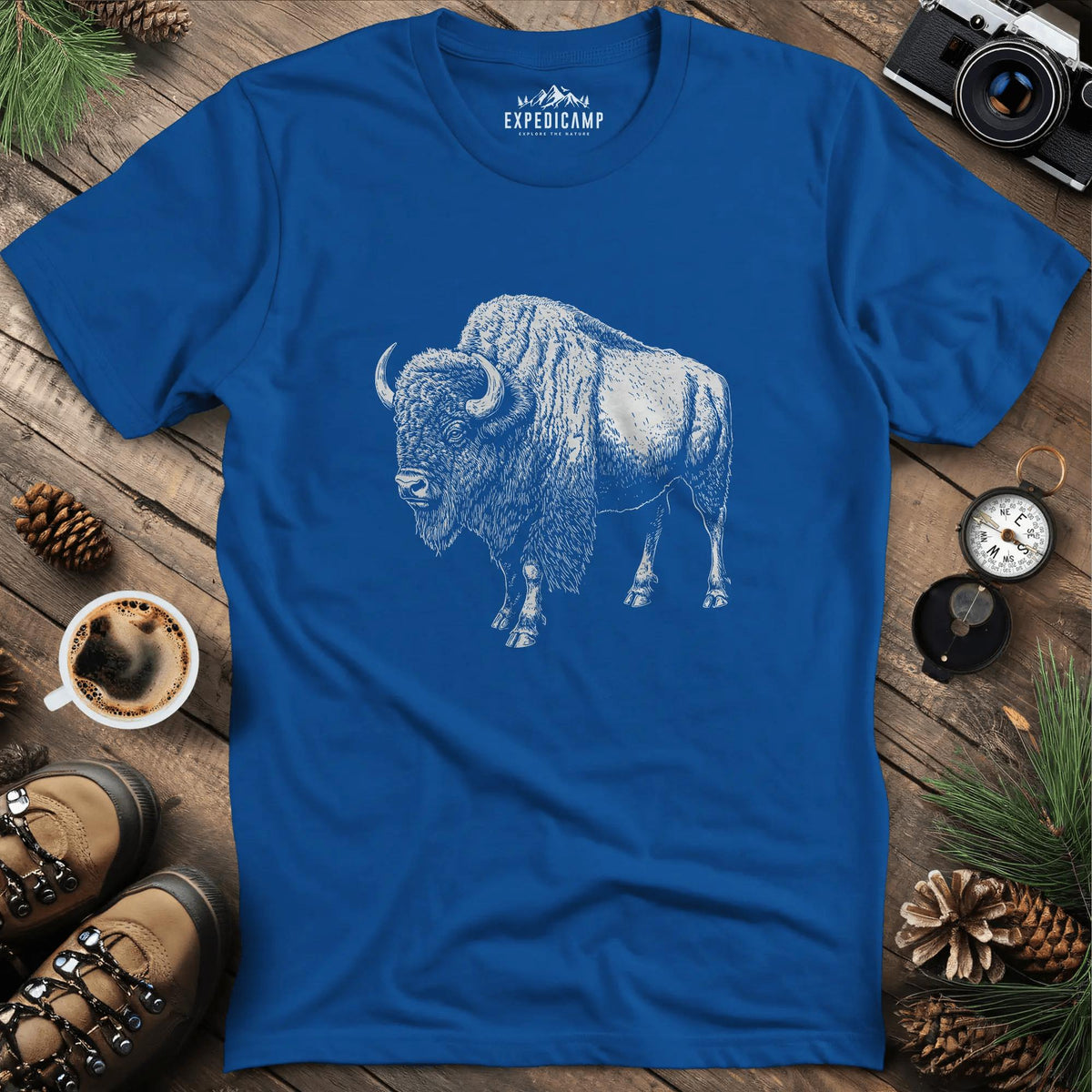 Majestic Bison T-Shirt – Royal – Outdoor apparel for travel, hiking, camping, and nature lovers – ExpediCamp