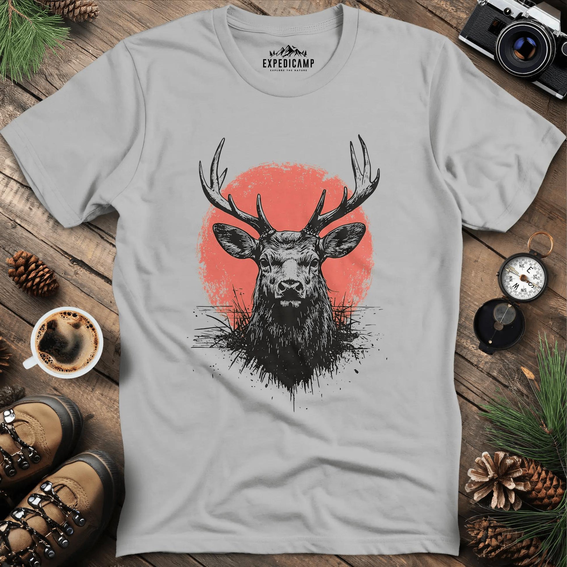 Majestic Deer with Red Circle T-Shirt – Ice Grey – Outdoor apparel for travel, hiking, camping, and nature lovers – ExpediCamp