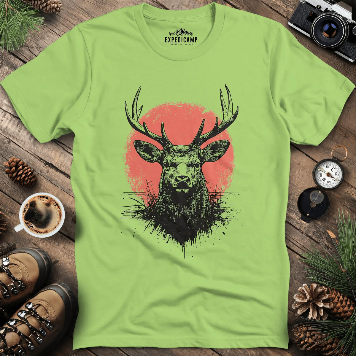 Majestic Deer with Red Circle T-Shirt – Kiwi – Outdoor apparel for travel, hiking, camping, and nature lovers – ExpediCamp