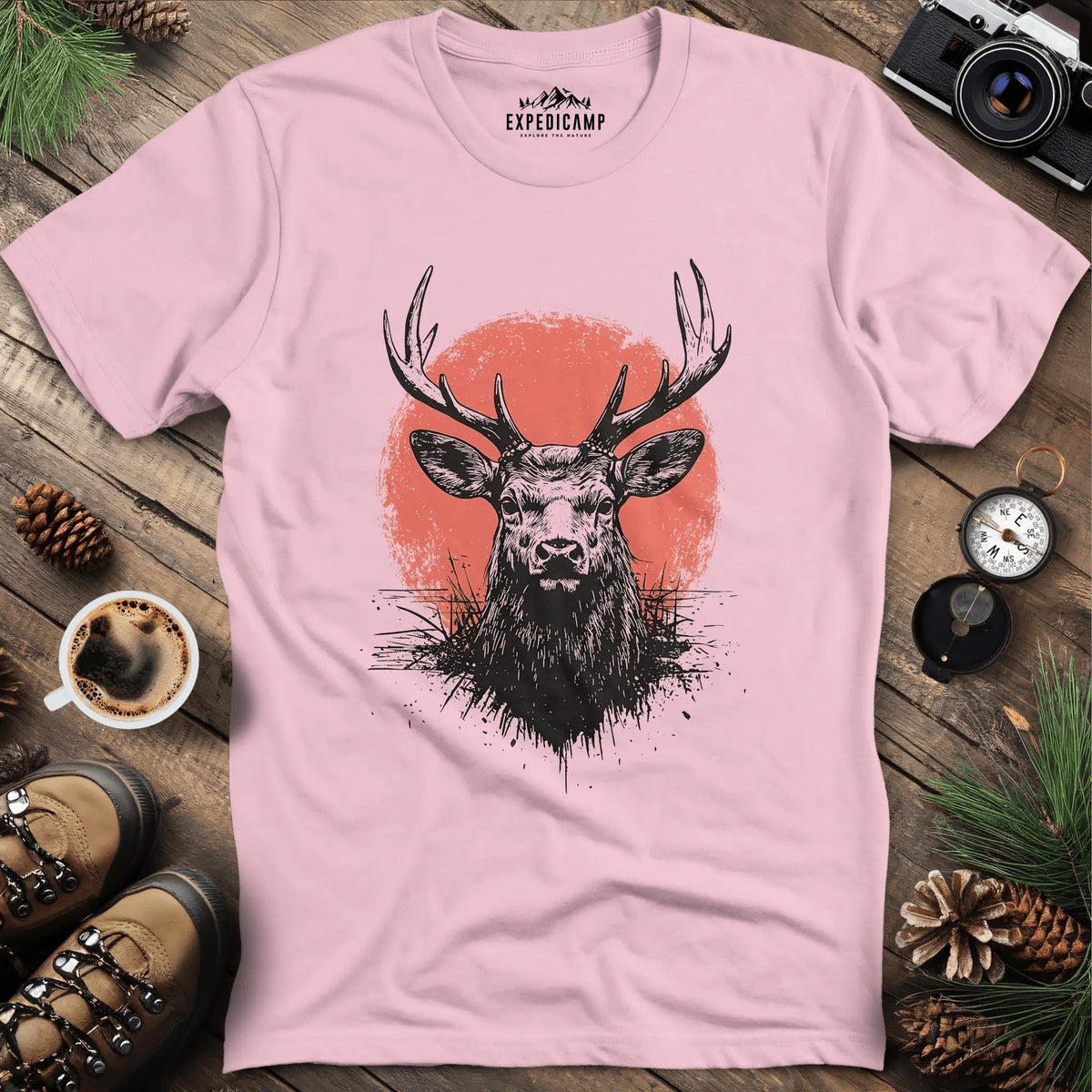 Majestic Deer with Red Circle T-Shirt – Light Pink – Outdoor apparel for travel, hiking, camping, and nature lovers – ExpediCamp